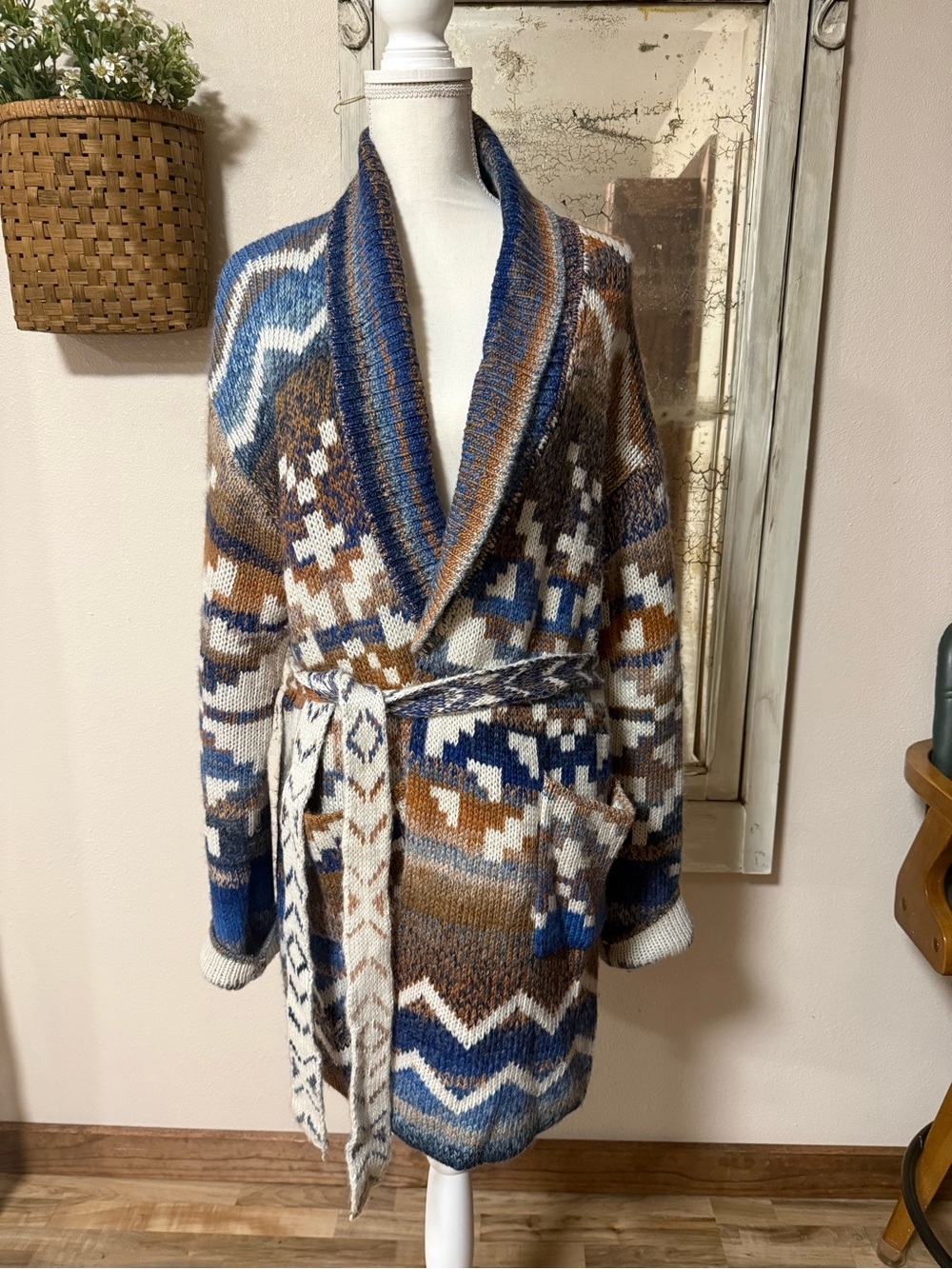 Idyllwind Shawl Collar Belted Knit Coatigan in Blue, Brown & White